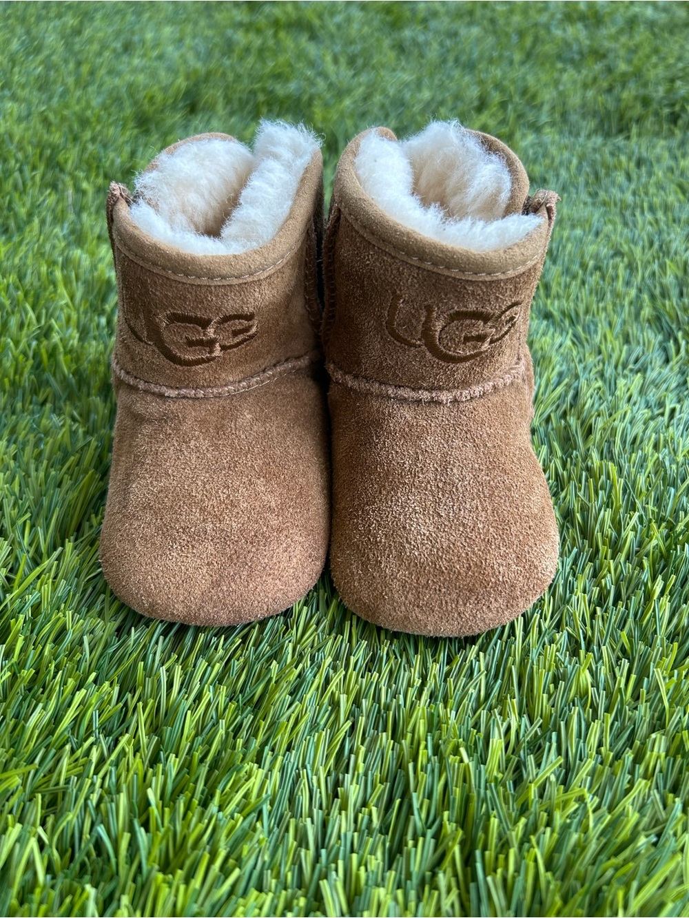 UGG Baby Suede Booties in Chestnut with Shearling Trim